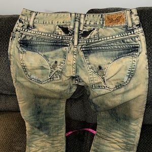 Robin’s Long-flap-Pocket Straight Jean size: 32x33, vintage yellow/green accents
